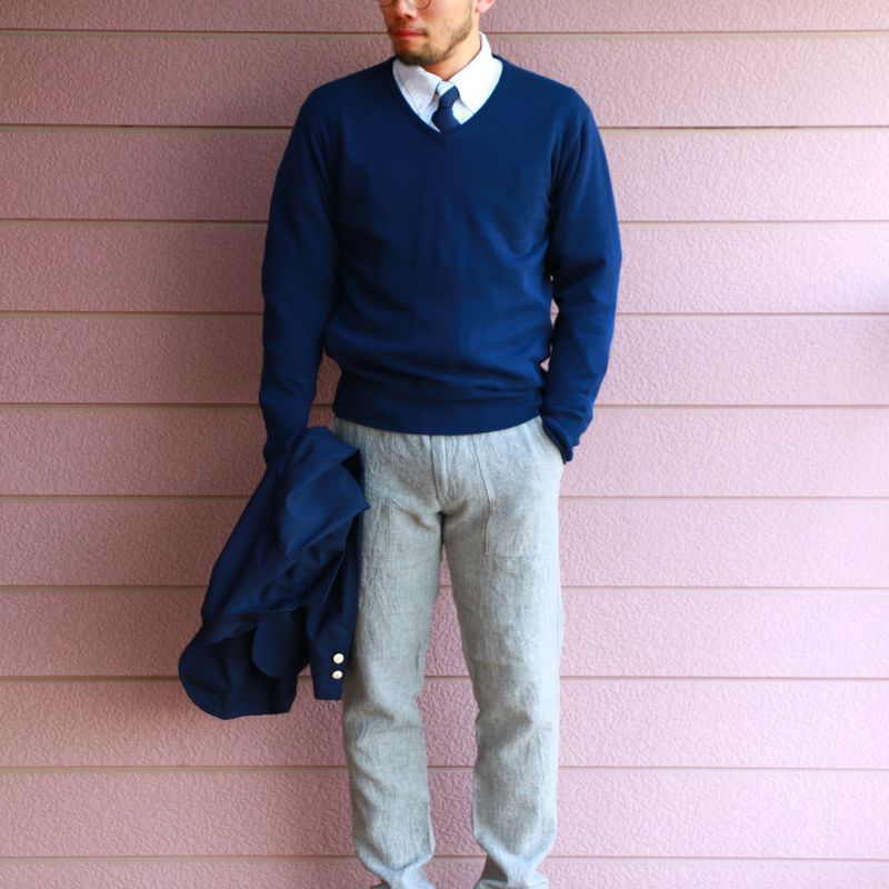 WORKERS ワーカーズ Organic Cotton Sweater, V-Neck,Navy オーガニックコットンVネックセーター ネイビー