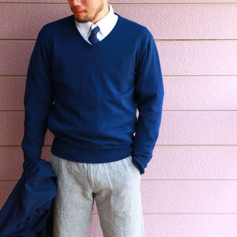 WORKERS ワーカーズ Organic Cotton Sweater, V-Neck,Navy オーガニックコットンVネックセーター ネイビー