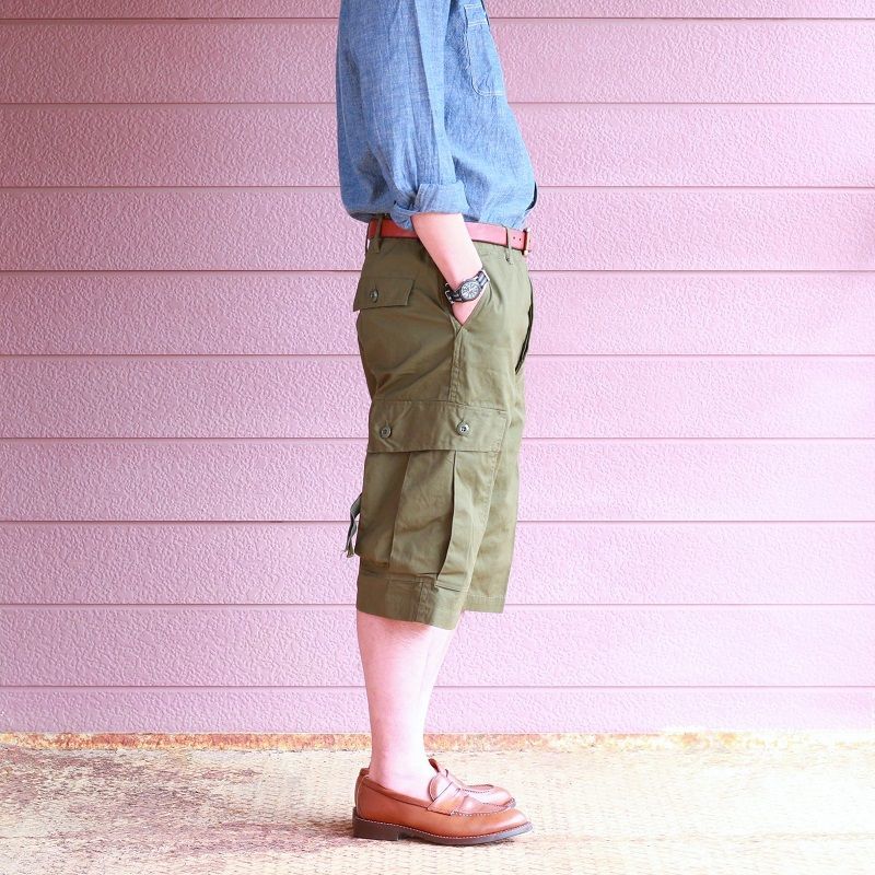 Buzz Rickson's バズリクソンズ TROUSERS,MEN'S, COTTON WIND RESISTANT POPLIN, OLIVE GREEN, ARMY SHADE 107 SHORTS カーゴショーツ