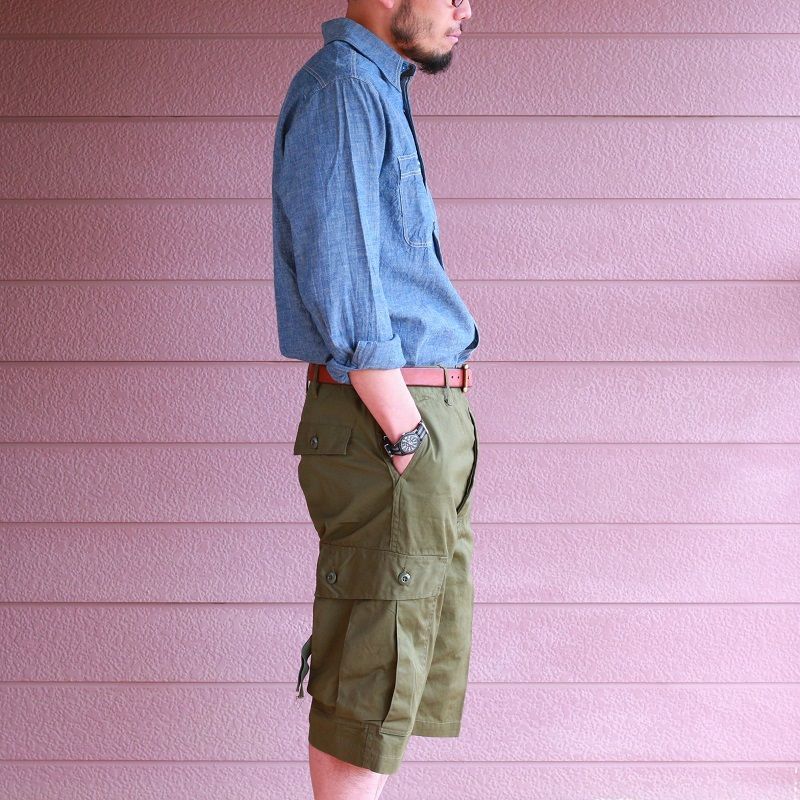 Buzz Rickson's バズリクソンズ TROUSERS,MEN'S, COTTON WIND RESISTANT POPLIN, OLIVE GREEN, ARMY SHADE 107 SHORTS カーゴショーツ