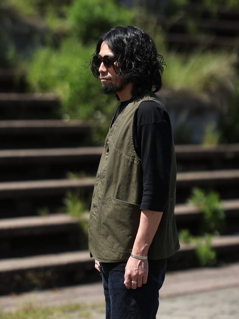 TCB jeans TCBジーンズ Huntsman Vest Neppy Green Herringbone ハンツマンベスト ヘリンボーン