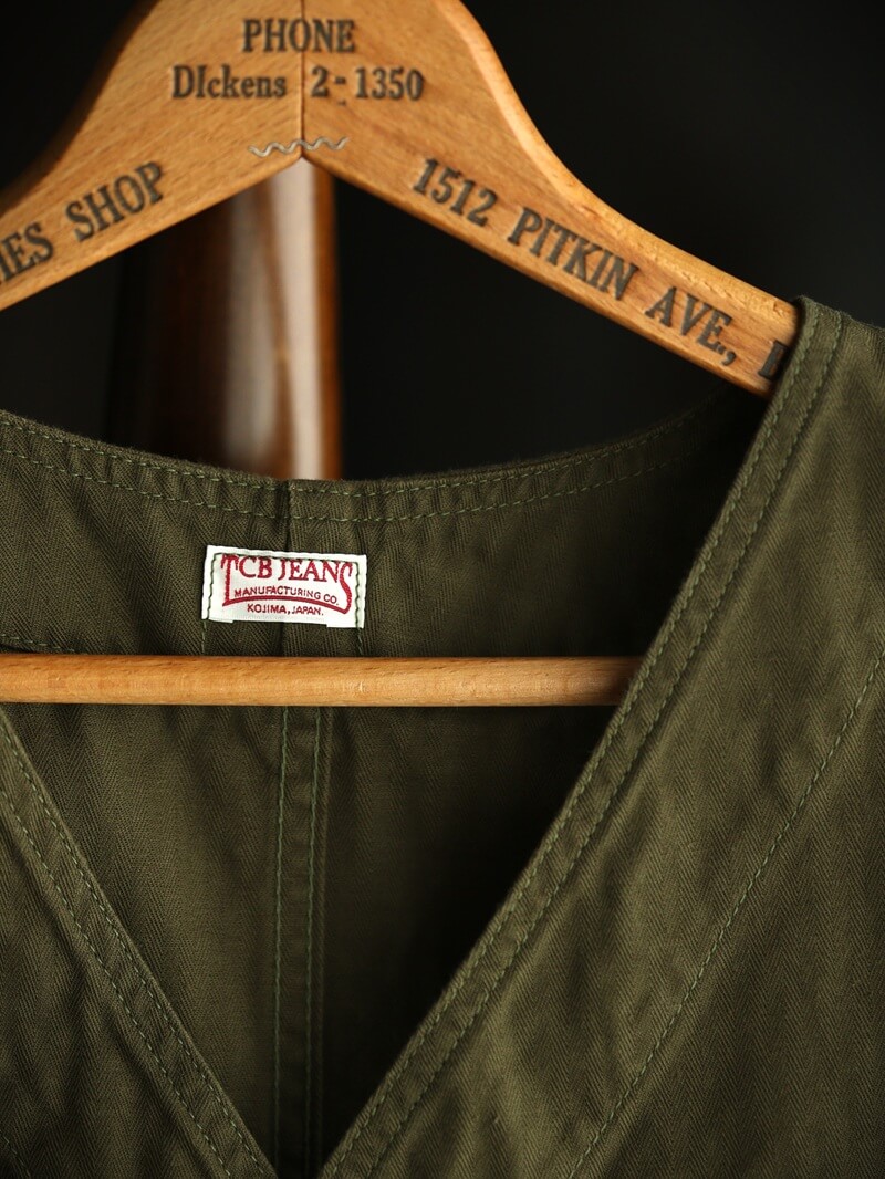 TCB jeans TCBジーンズ Huntsman Vest Neppy Green Herringbone ハンツマンベスト ヘリンボーン