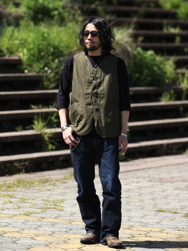 TCB jeans TCBジーンズ Huntsman Vest Neppy Green Herringbone ハンツマンベスト ヘリンボーン