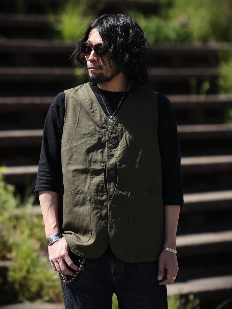 TCB jeans TCBジーンズ Huntsman Vest Neppy Green Herringbone ハンツマンベスト ヘリンボーン
