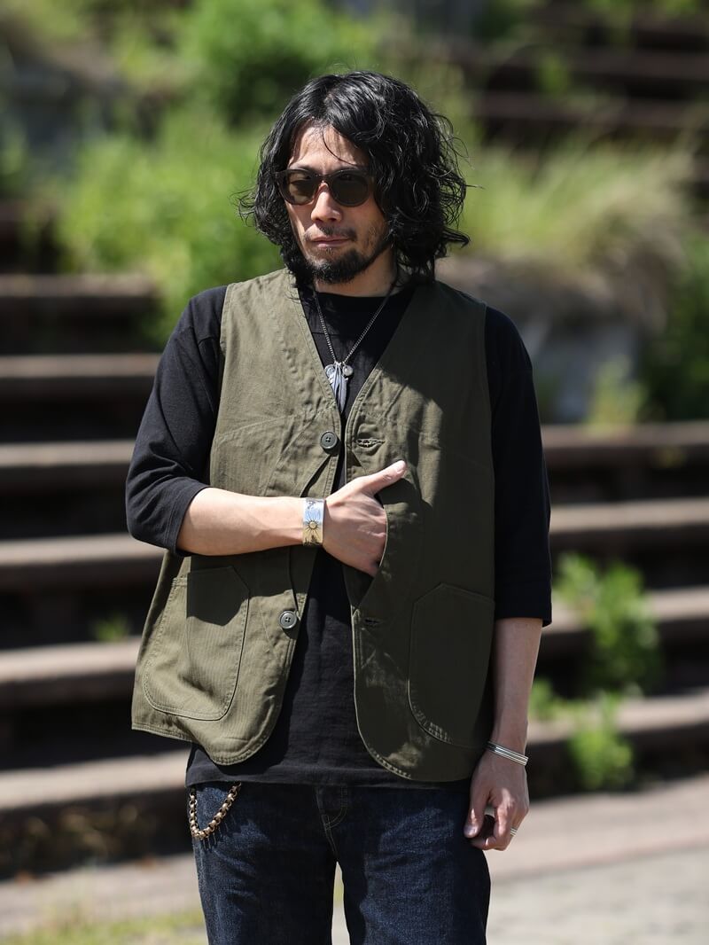 TCB jeans TCBジーンズ Huntsman Vest Neppy Green Herringbone ハンツマンベスト ヘリンボーン