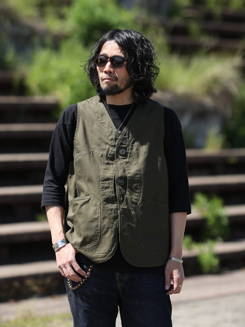 TCB jeans TCBジーンズ Huntsman Vest Neppy Green Herringbone ハンツマンベスト ヘリンボーン
