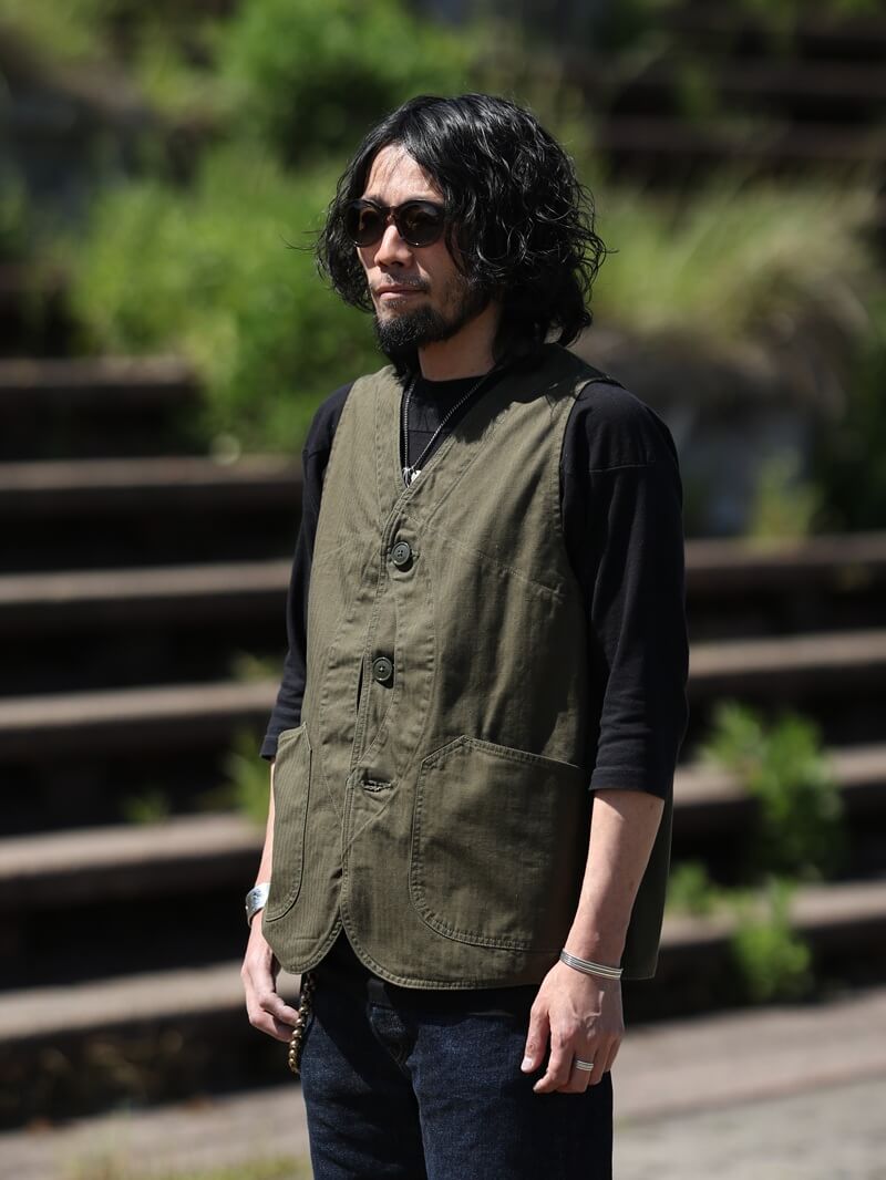 TCB jeans TCBジーンズ Huntsman Vest Neppy Green Herringbone ハンツマンベスト ヘリンボーン