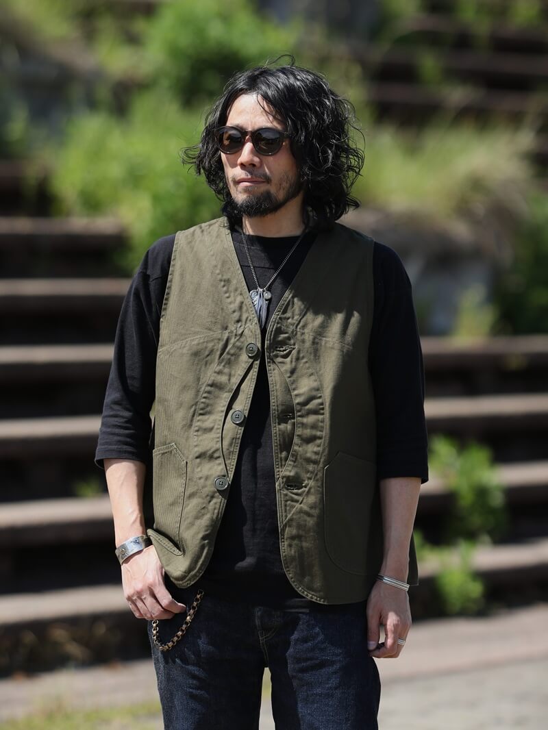 TCB jeans TCBジーンズ Huntsman Vest Neppy Green Herringbone ハンツマンベスト ヘリンボーン