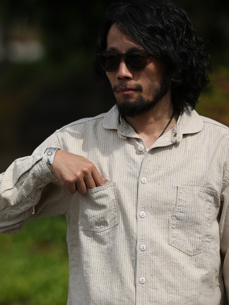 TCB jeans TCBジーンズ Detachable Collar Work Shirt  Beige Stripe デタッチャブルカラーワークシャツ ベージュストライプ