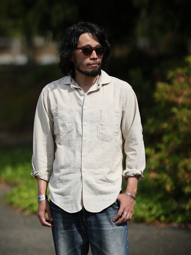 TCB jeans TCBジーンズ Detachable Collar Work Shirt  Beige Stripe デタッチャブルカラーワークシャツ ベージュストライプ