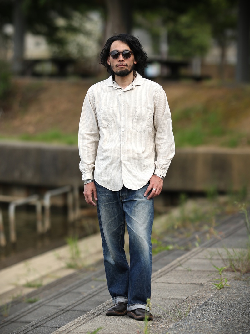 TCB jeans TCBジーンズ Detachable Collar Work Shirt  Beige Stripe デタッチャブルカラーワークシャツ ベージュストライプ